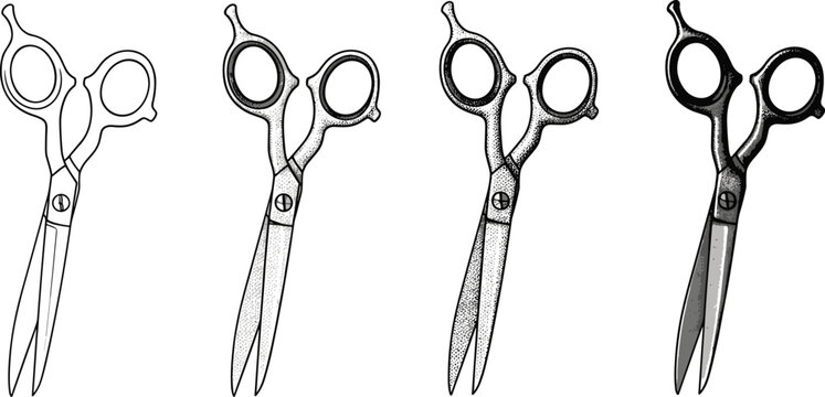 Vector illustration set of scissors showing shading progression, stippling detail, artistic rendering stages, and realistic drawing development process.