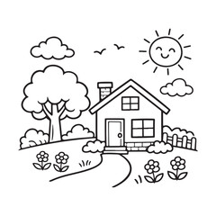 Fototapeta premium Black and white drawing of a house with a tree and flowers on a sunny day