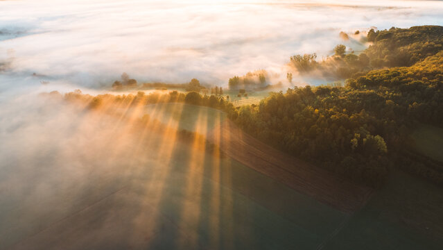Aerial view of sunlight piercing through low-lying fog over the landscape, casting long shadows across the fields and forests, Thal-Drulingen, Grand Est, France.