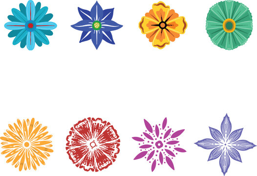 Collection of spring flowers featuring vibrant blooms, leaves, and petals, perfect for seasonal designs, greeting cards, invitations, scrapbooking, and creative floral vector ilustration