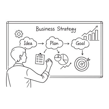 Business strategy concept with man drawing on whiteboard  planning and goal setting