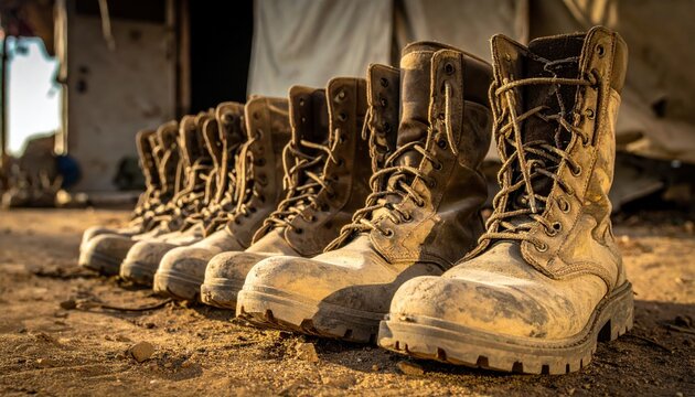 Row of worn combat boots lined up neatly outside a makeshift shelter, representing rugged military service and endurance