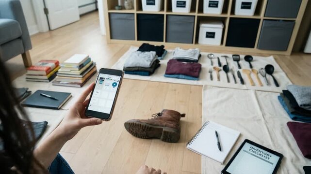 A woman is looking at her phone while standing in front of a pile of clothes