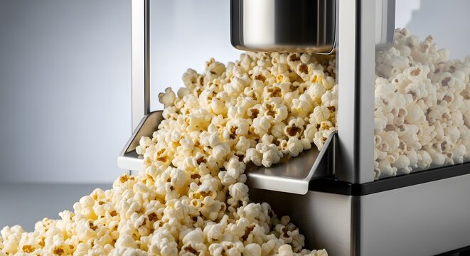A large popcorn machine overflowing with freshly popped popcorn kernels