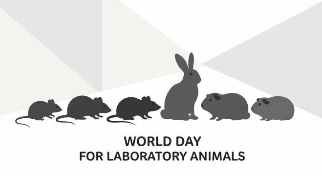 World day for laboratory animals awareness campaign with rabbit and rodents silhouettes on gray background