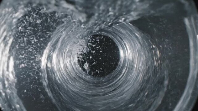 Water flowing down a drain pipe with bubbles and swirling motion close up