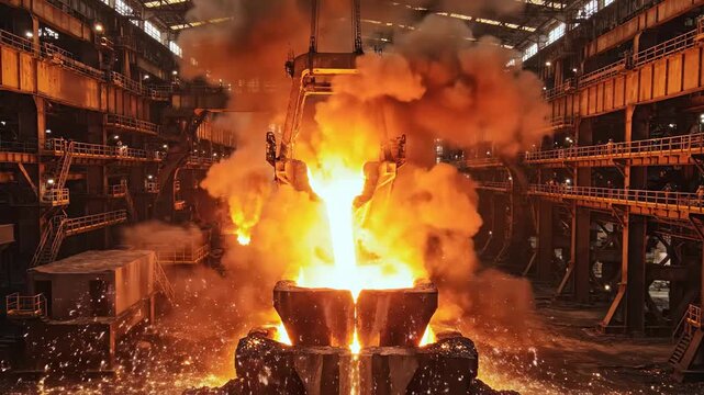 Industrial smelting plant environment inspired by steel factory interiors, a cavernous foundry with a large tilted ladle pouring brilliant molten steel into a massive mold, showers of sparks cascading