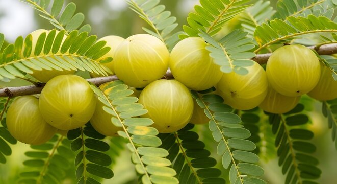 A cluster of amla or indian gooseberry fruits on a tree branch with green leaves