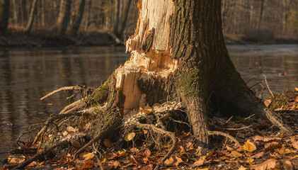 Obraz premium Close-up of a damaged tree trunk with exposed wood and roots near a body of water, surrounded by fallen autumn leaves. Nature's decay and resilience