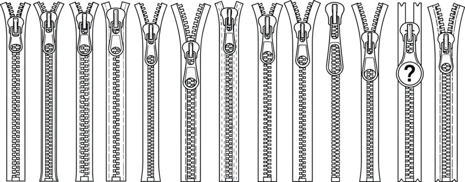 Collection of zipper vector illustrations featuring unique pull tab designs, fashion accessories, clothing fasteners, sewing elements, and garment hardware icons. 