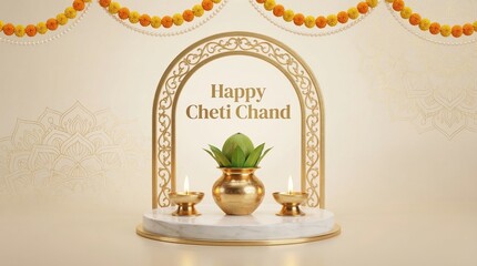 Fototapeta na wymiar Cheti Chand Festival Banner With Golden Kalash