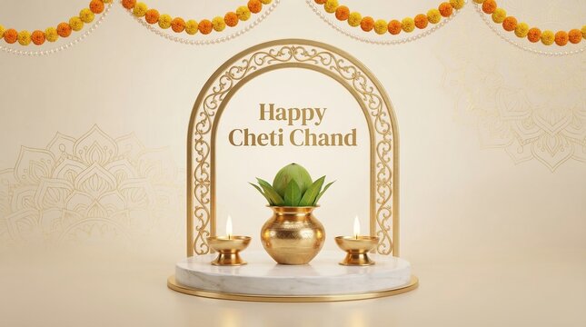 Cheti Chand Festival Banner With Golden Kalash