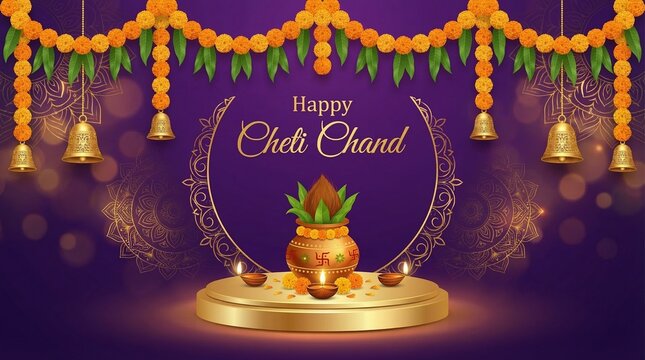 Happy Cheti Chand Festival Banner With Kalash