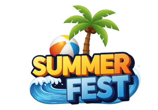 A colorful summer fest logo with a beach ball and palm tree on a transparent background