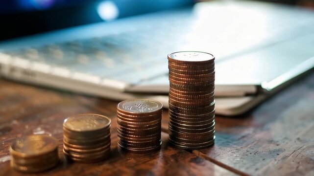 Rising Currency: A close-up shot revealing four stacks of coins, each progressively taller, placed on a wooden desk.