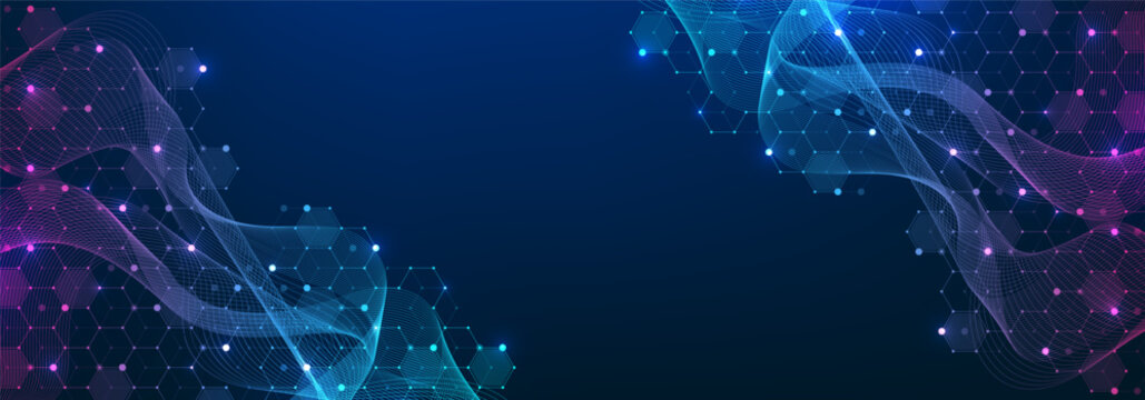 Molecular abstract structure and genetic engineering DNA. Healthcare and medicine background concept. Scientific research background. Wave flow. Innovation pattern. Vector illustration.