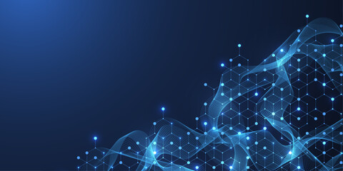 Fototapeta na wymiar Molecular abstract structure and genetic engineering DNA. Healthcare and medicine background concept. Scientific research background. Wave flow. Innovation pattern. Vector illustration.