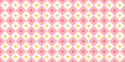 Fototapeta na wymiar Diamond Seamless Pattern with Stars. Pink y2k checkered background with sparkling. Cute carnival print for wrapping paper. Abstract geometric wallpaper. Vector illustration