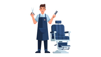 Barber with tools: A barber stands ready, holding scissors and a comb, beside a barber chair, depicting a scene of grooming and style. © Abu