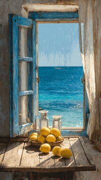 Mediterranean summer window scene, lemons on a rustic wooden table, blue ocean visible through open window, warm sunlight, hand painted illustration style.