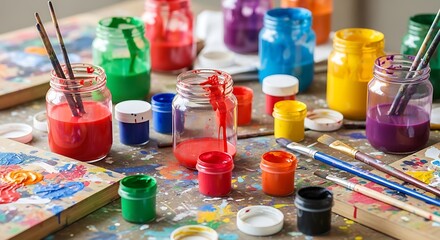 Colorful paint jars with brushes and palettes, ready for art creation on a textured table