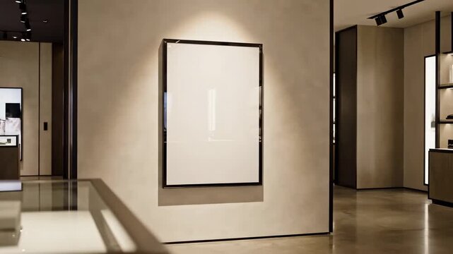 Video of blank advertising poster mockup in elegant store environment, wall mounted frame presentation, creative agency preview and point of sale marketing visual.
