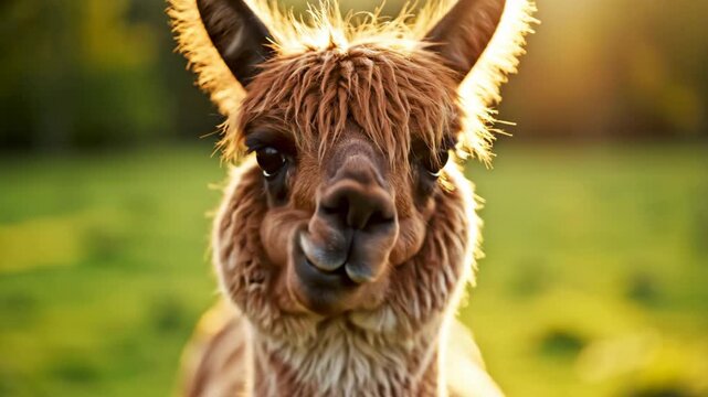 Close up portrait of a fluffy brown alpaca in nature