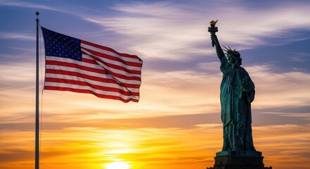 Fototapeta premium The statue of liberty with american flag at sunset