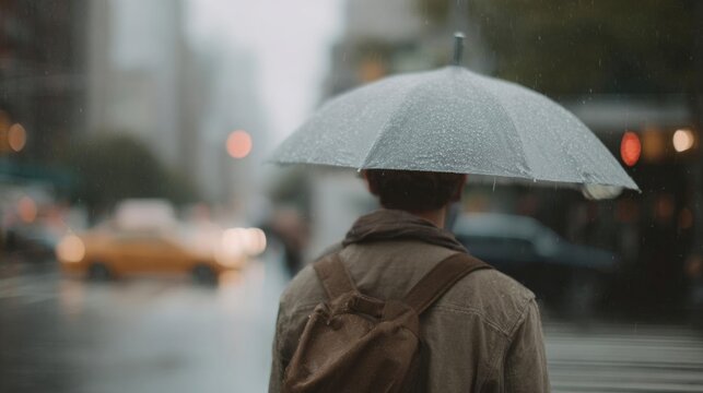 Person standing on a busy street in the rain. the person is holding an umbrella above their head, covering their head with it. they are wearing a brown jacket and carrying a brown backpack.