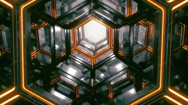 Futuristic luminous hexagonal tunnel abstract 3d animation, a seamless geometric 3d video loop, perfect for captivating Vj and Dj visuals, an engaging 3d Loop Vj background