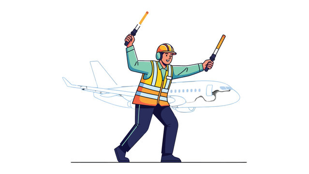 Airport Ground Crew Guidance: A diligent ground crew member directs an aircraft on the tarmac, ensuring safe movement using signal wands, with a stylized plane in the background