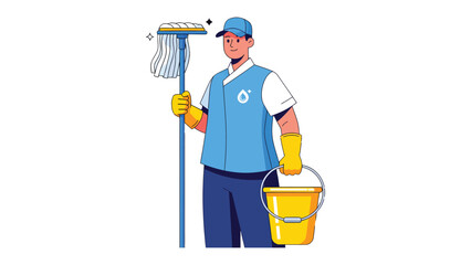 Cleanliness Champion: A dedicated cleaner stands with mop and bucket, a symbol of spotless service and commitment to hygiene and sanitation.  © Abu