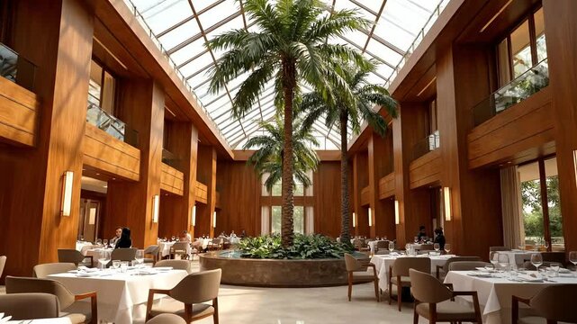 Large Atrium Restaurant With Palm Tree.