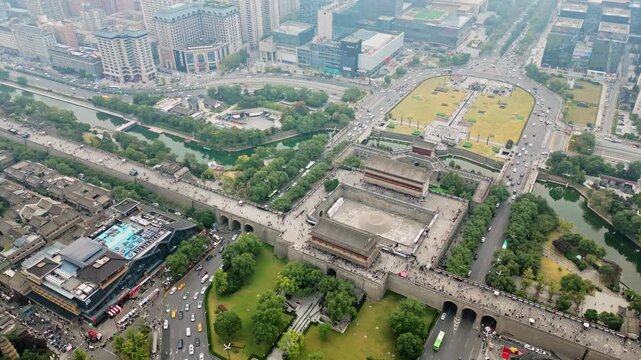 Aerial drone view of Xi'an City Wall and Yongning Gate, Xi'an, Shaanxi Province, China