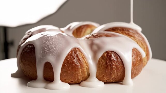 Video of sugar icing glaze dripping over pastry ring with glossy reflective finish in studio light environment, modern food texture concept for advertising and culinary branding visuals.