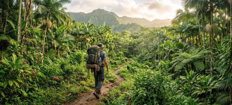 Hiker with backpack walking a tropical jungle trail toward lush mountain ridges, with sunrise light filters through the canopy.