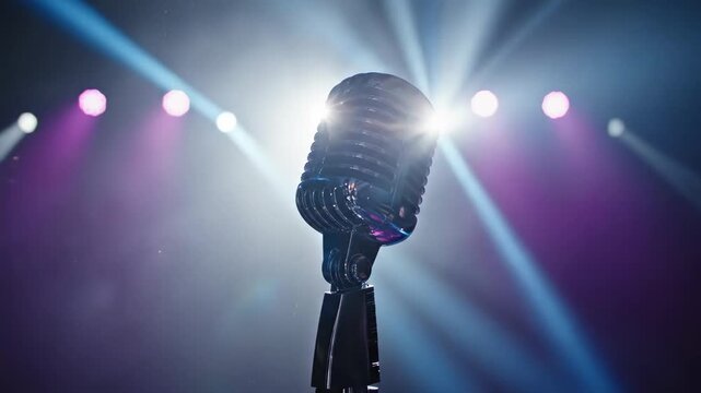 Video of karaoke microphone spin under bright spotlight shine, stage ambiance with vibrant concert lighting, music entertainment concept, live performance background and nightlife promotion visual.
