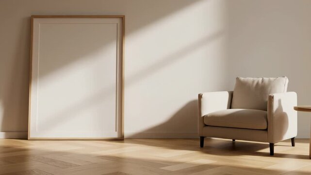 Video of Neutral Interior Mockup with Empty Picture Frame and minimalist decor, ideal for art print previews, poster advertising and lifestyle marketing content.