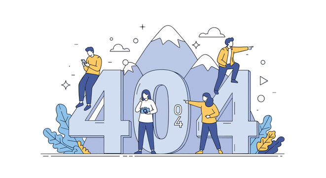 Group of explorers interacting with a large 404 error sign in a mountain landscape representing a lost webpage.