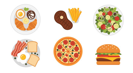 Fototapeta premium Assorted food collection featuring popular dishes like breakfast, grilled steak, fresh salad, pepperoni pizza, and a classic burger on white.
