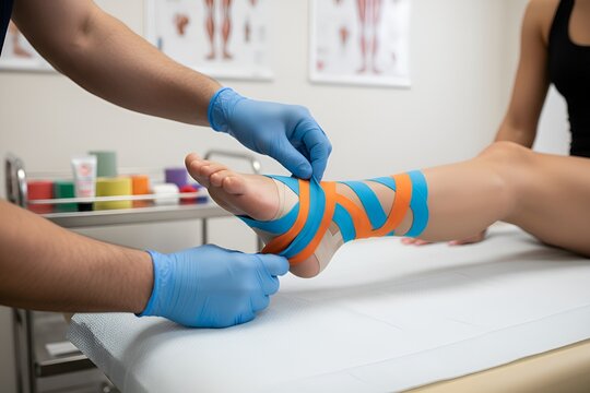 Professional kinesio taping on athlete ankle for injury prevention, sports medicine therapy, physical rehabilitation session