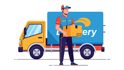 Efficient Delivery: A delivery person stands proudly beside his vibrant yellow truck, holding a package, ready to deliver goods promptly. © Ajm