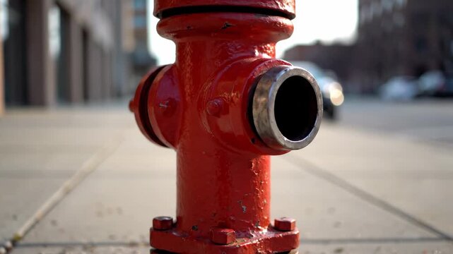 A red fire hydrant standing alone on a quiet urban sidewalk, clean cinematic composition with the hydrant centered against a softly blurred neutral city backdrop, glossy red paint slightly weathered