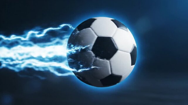 Soccer balls with electric blue lightning effects moving rapidly in dark