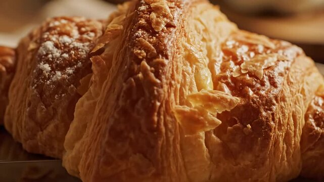 Video of buttery croissant surface captured in extreme close-up with warm golden lighting, premium breakfast pastry texture visual for cafe marketing and packaging media.