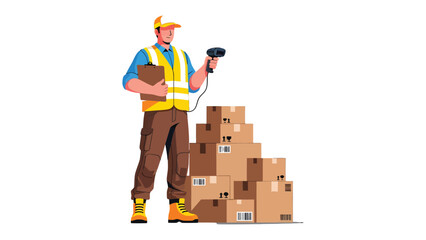 Warehouse Worker Scanning Packages: A diligent warehouse worker, equipped with a handheld scanner, meticulously scans each package, ensuring accuracy and efficiency in the bustling environment. © Ajm
