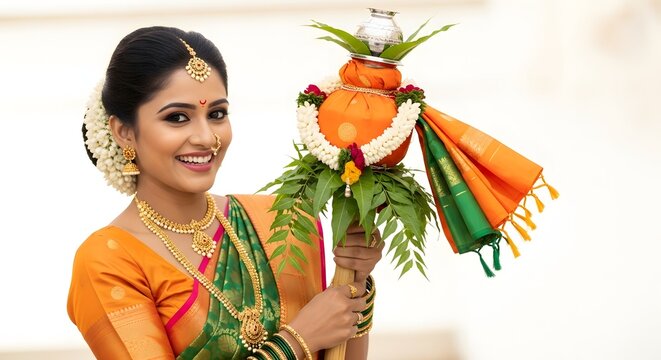 Indian Woman Holding Gudi Padwa Festival Decoration