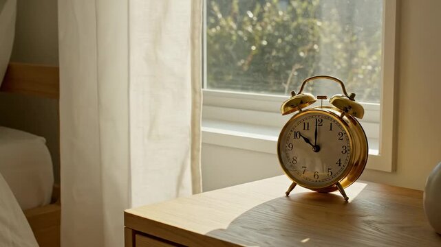 Video of spring morning alarm clock near window with bright ambiance, fresh daylight interior scene, minimalist bedroom lifestyle concept with soft natural illumination and calm atmosphere.