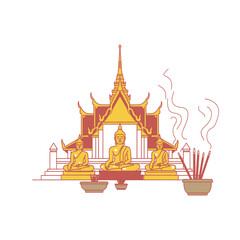 Obraz premium Buddhist Temple with Buddha Statues and Incense vector illustration