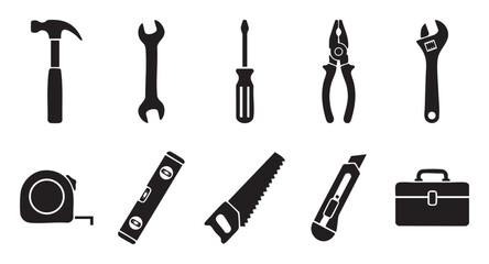 Obraz premium A clean and simple collection of black silhouette icons featuring various hardware tools, perfect for construction, DIY, or repair-related projects and designs.